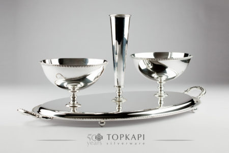 Oval  silver plated sweets tray with 2 bowls and vase
