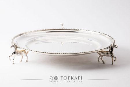 Round silver plated horse tray with pearl border