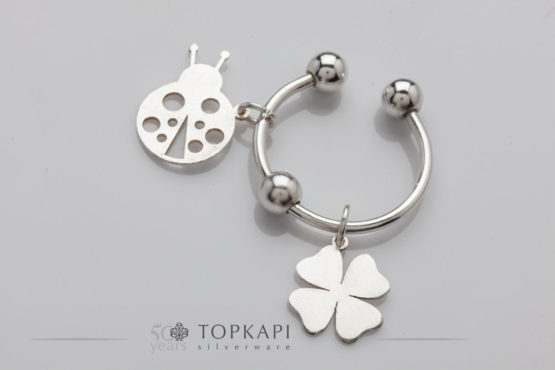 Clover and ladybug silver plated key ring