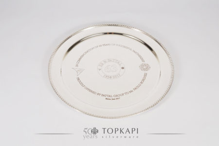 Silver plated 30 cm engraved award plate with refined border design and velvet box