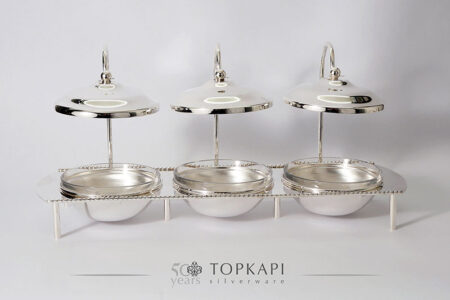 Condiment stand with 3 bowls and hanging covers