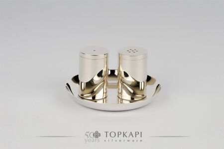 Silver plated salt and pepper set with simple underplate