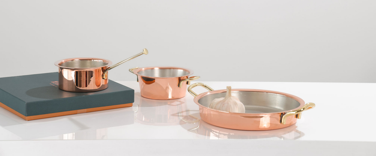 Topkapi-Tinned copper tableware with brass handles, pots, bowls and saucers