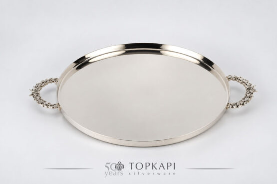 Topkapi-Cylindrical silver plated round tray with crown handles Topkapi-Cylindrical silver plated round tray with crown handles